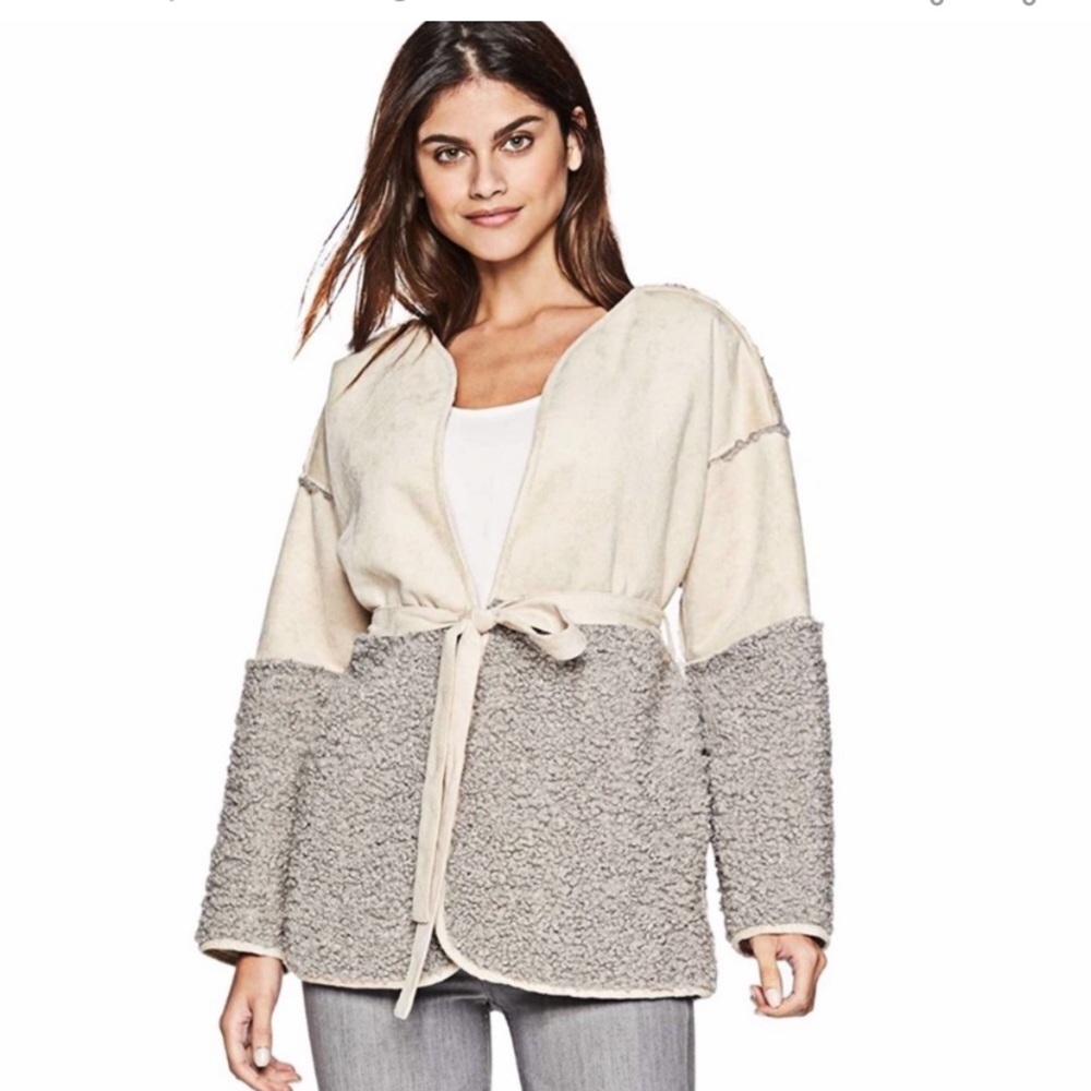 Lucky Brand Mixed Faux Shearling Suede Jacket Sherpa Teddy Medium EUC No Belt